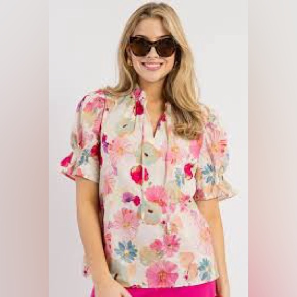entro Tops - Entro Penny Floral Tie-Neck Blouse XL
